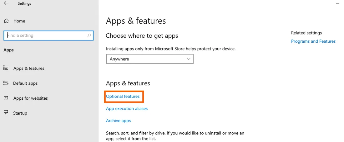Windows Settings "Apps & features" page with the "Optional features" link highlighted, used to install OpenSSH Server.