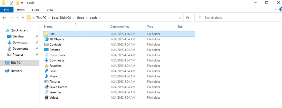 Windows File Explorer showing the user folder under C:\Users with a newly created ".ssh" folder.
