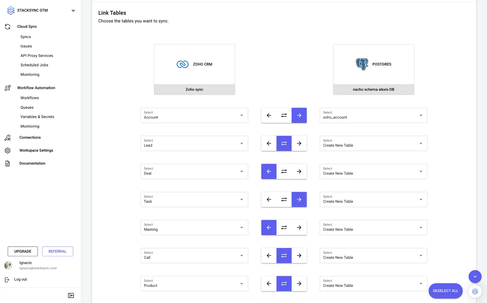 Stacksync Link Tables step mapping Zoho CRM objects like Account, Lead and Deal to Postgres tables with sync direction arrows.