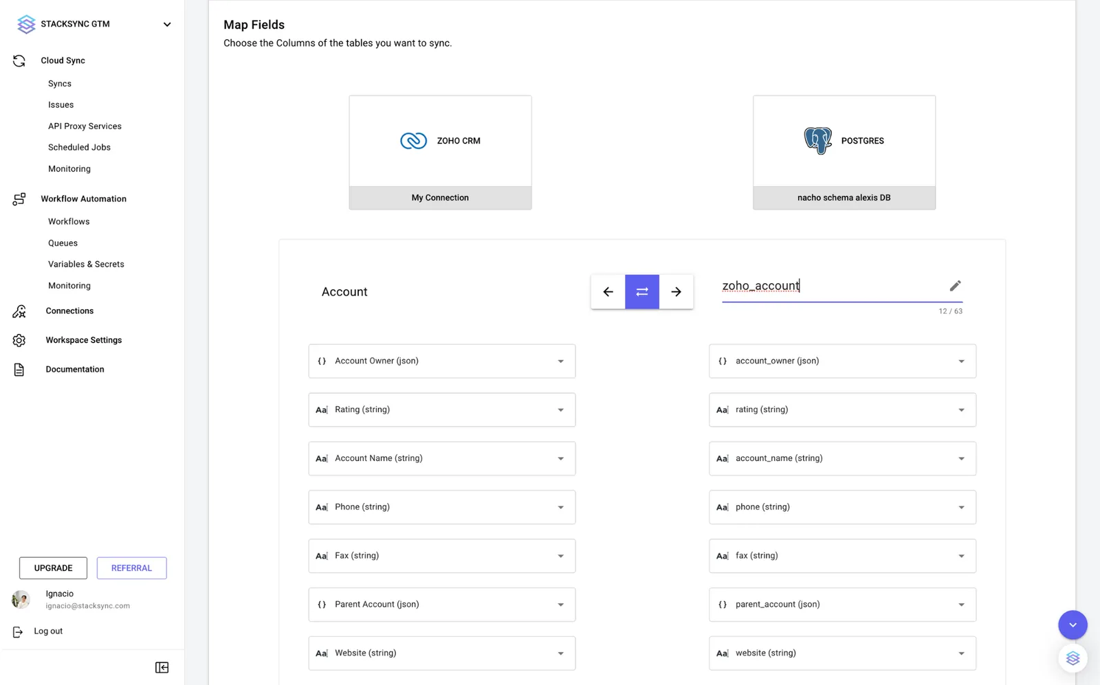 Stacksync Map Fields step linking Zoho CRM Account fields such as Account Name and Phone to Postgres zoho_account columns.