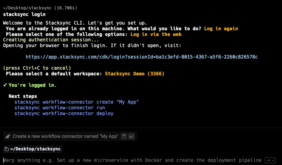 Terminal running "stacksync login", choosing "Log in via the web", selecting a workspace and showing "You're logged in."