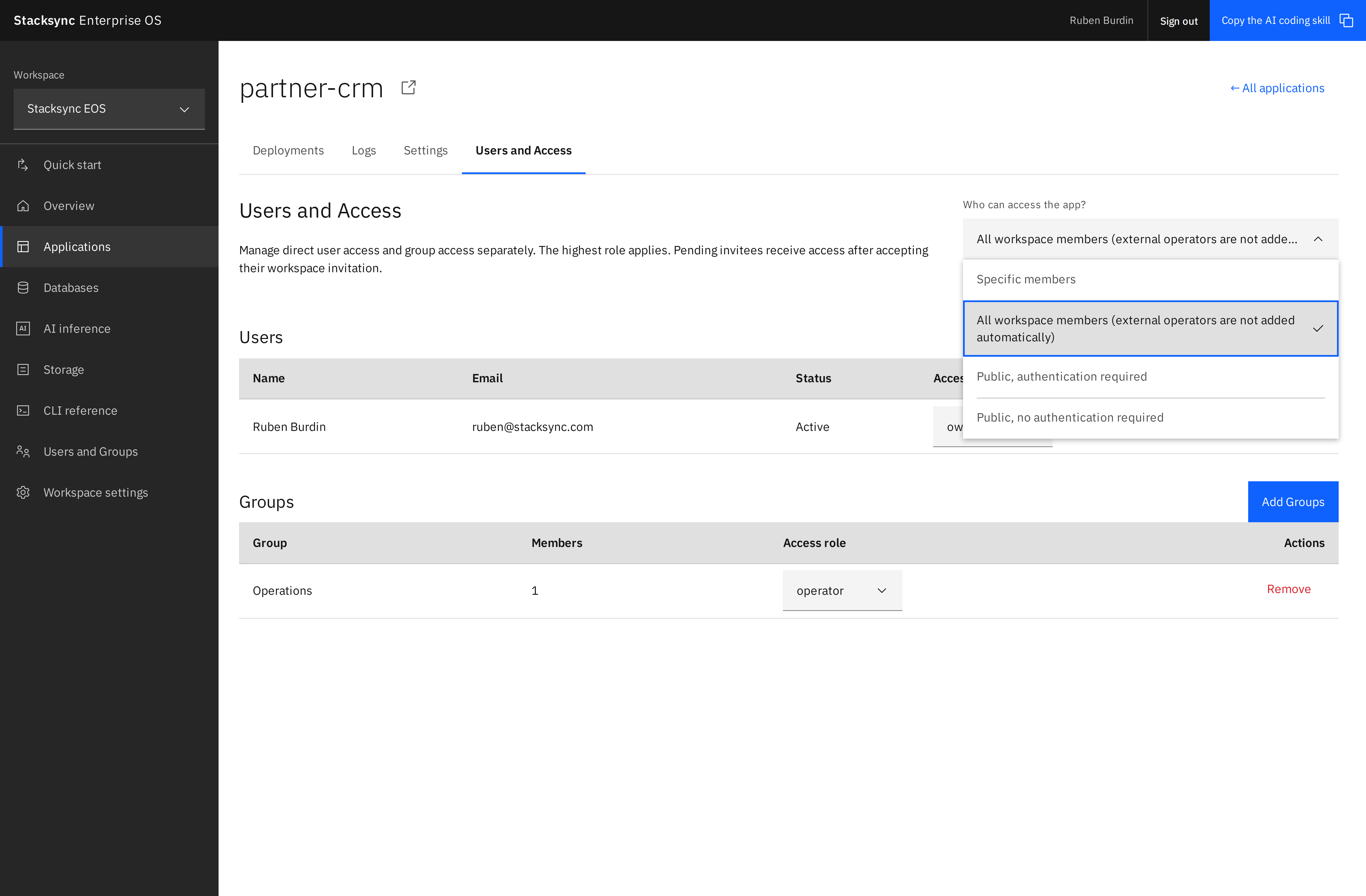 The app access selector offers four runtime policies, alongside direct user and group sharing.