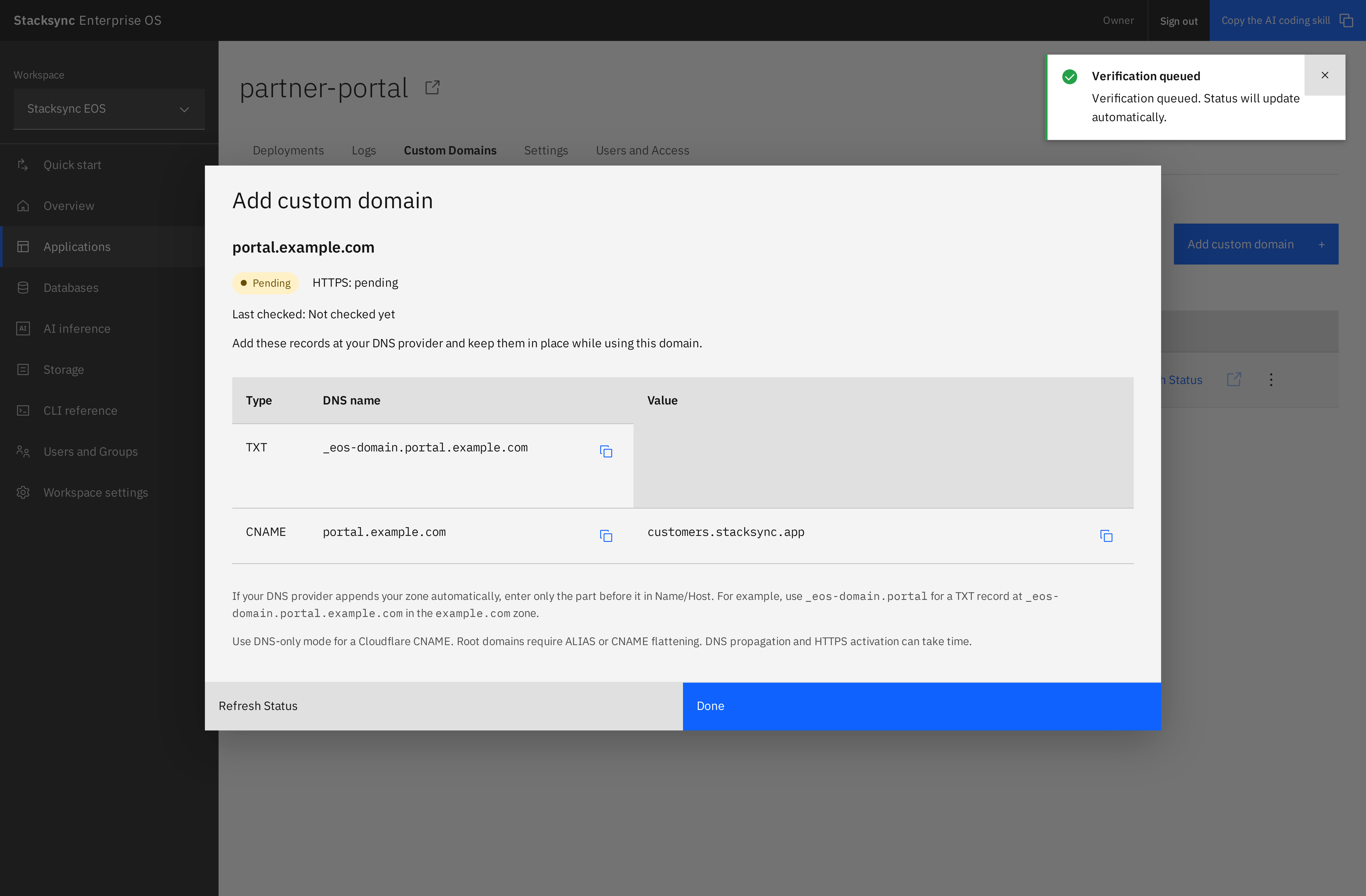The custom domain setup dialog shows DNS names, copy icons, and verification guidance. The verification value is concealed.