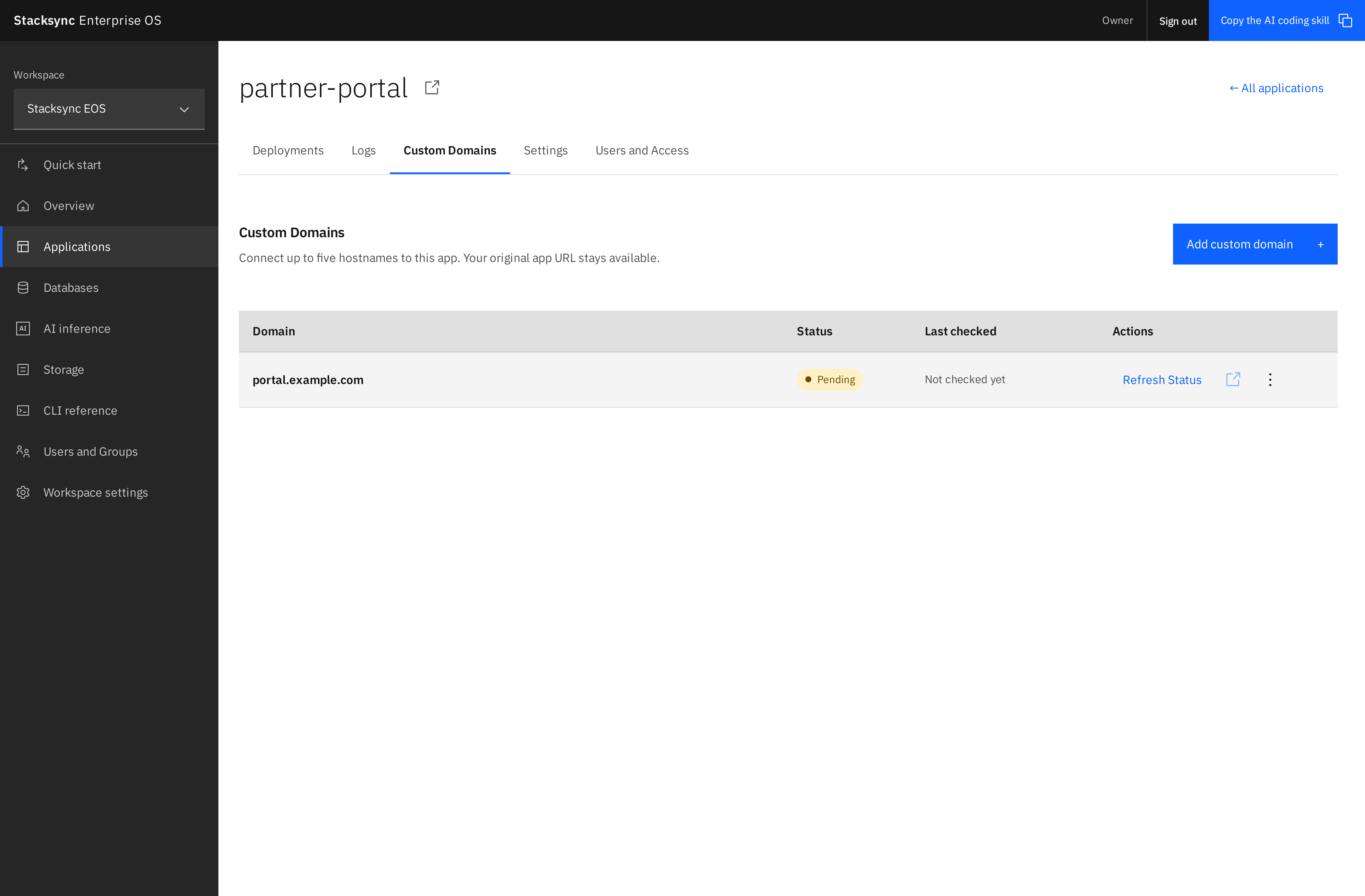 The Custom Domains tab in the Stacksync EOS example workspace shows the domain table, verification status, and available actions for a deployed app.