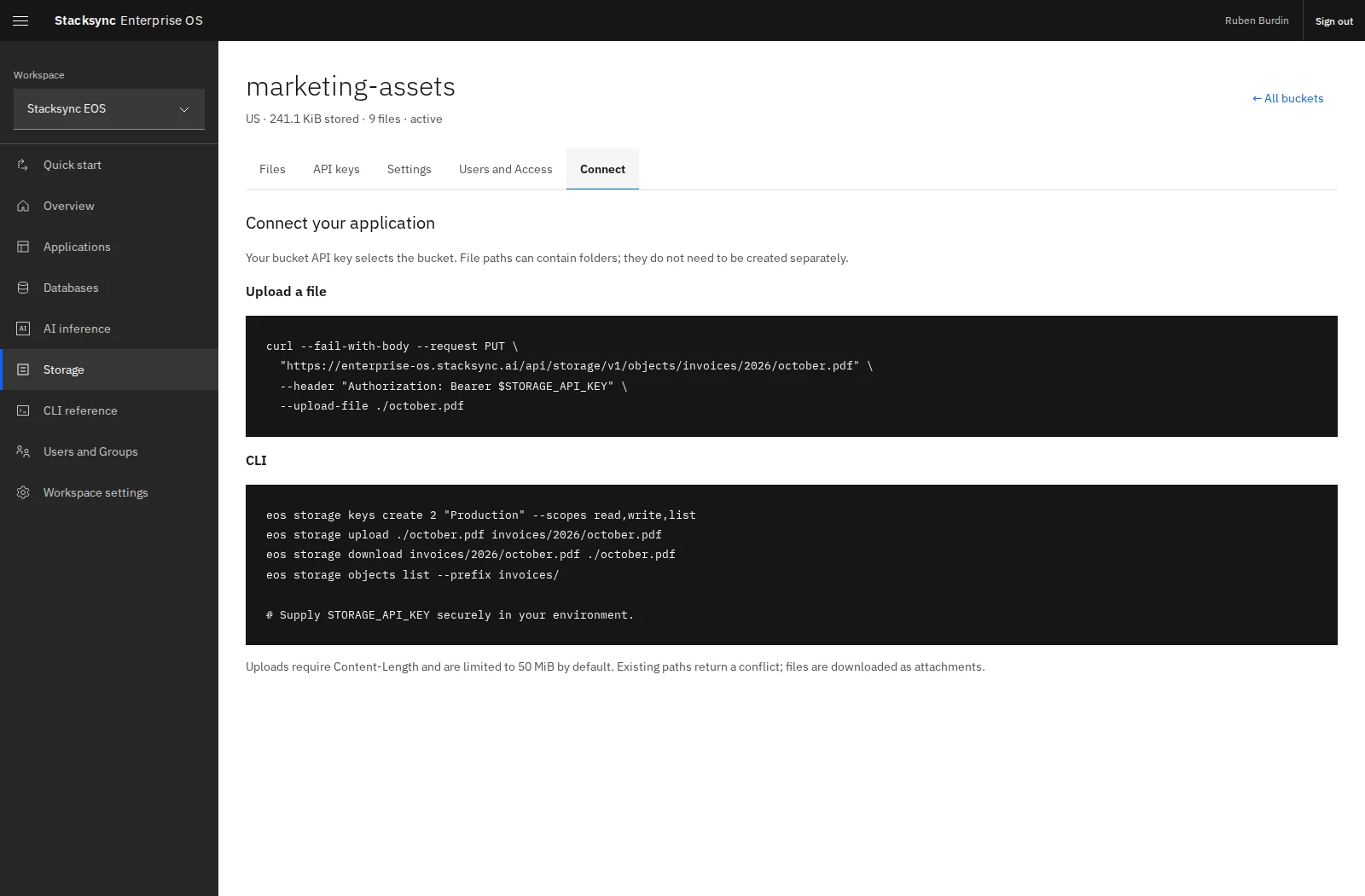 The Connect tab provides storage API and CLI examples for the selected bucket.