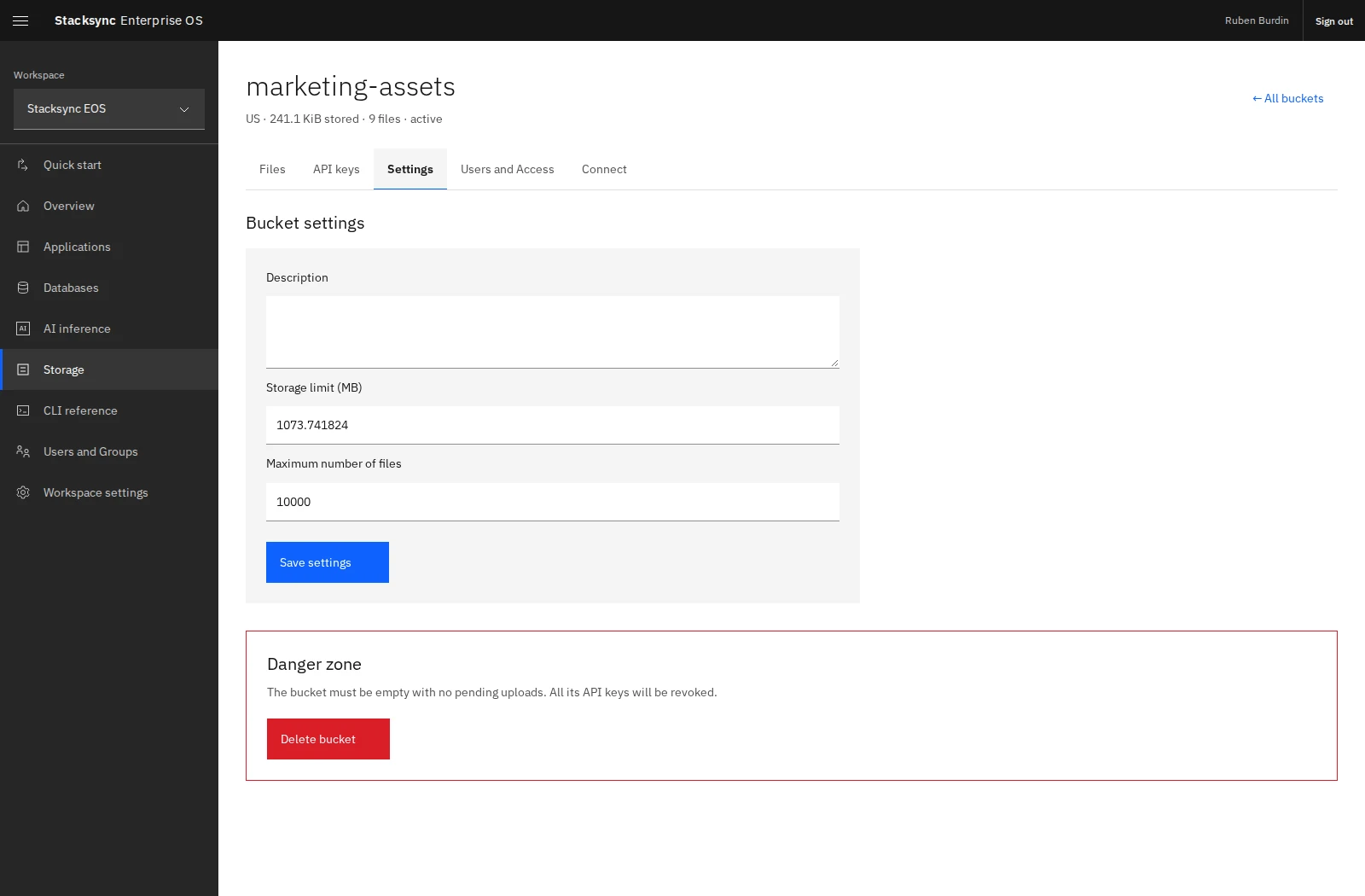 Bucket settings combine a description with storage and file-count limits.