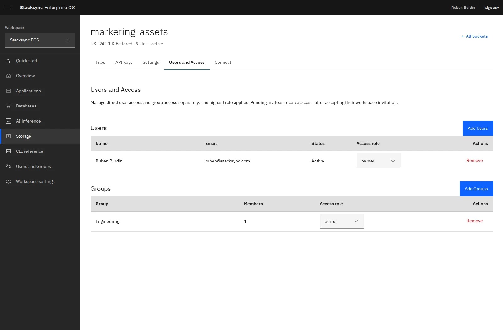 The Users and Access tab manages direct user grants and group grants separately; the same sharing pattern applies across EOS resources.