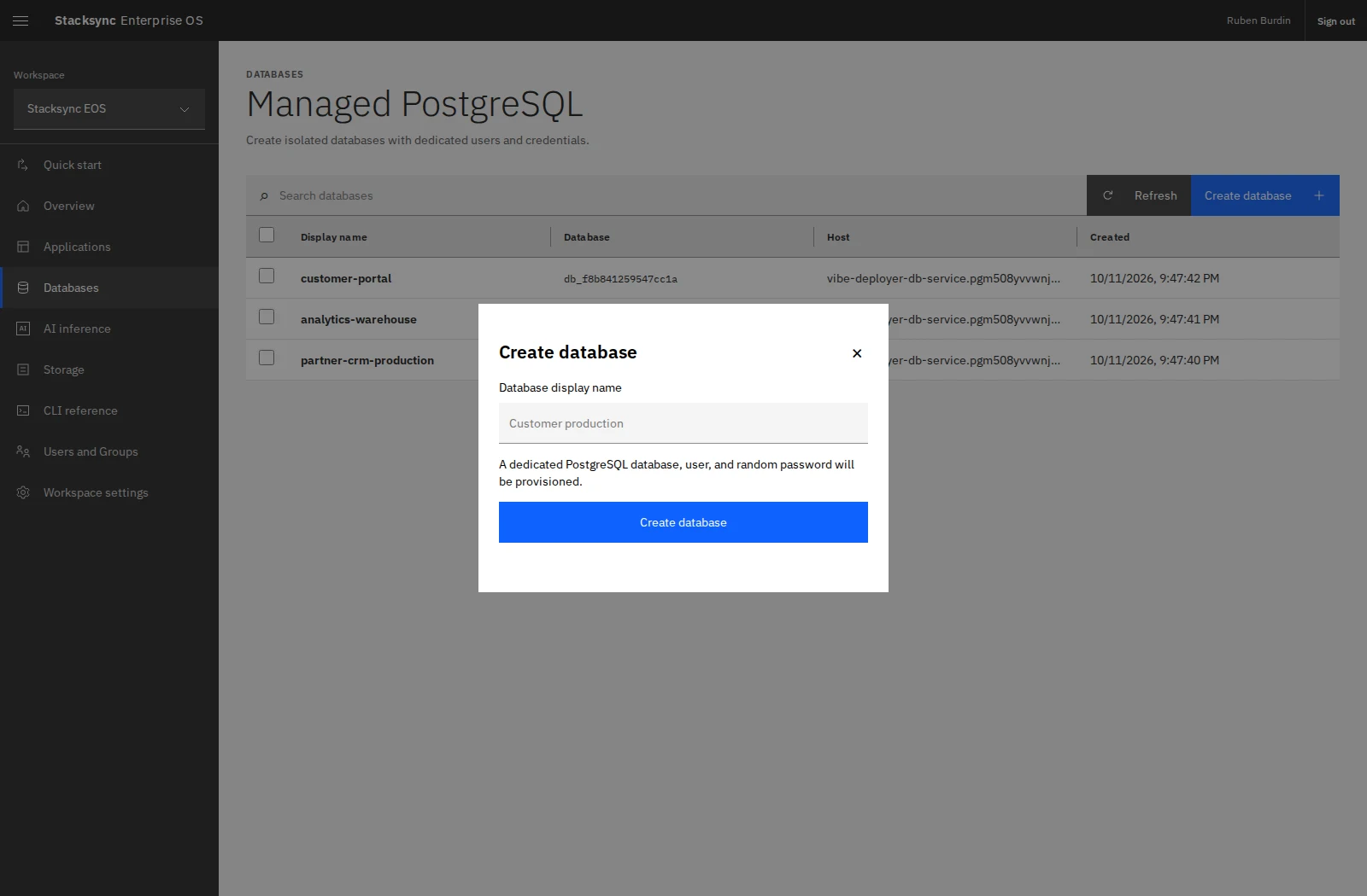 Create a managed PostgreSQL database with a descriptive name; EOS provisions the database, user, and password.