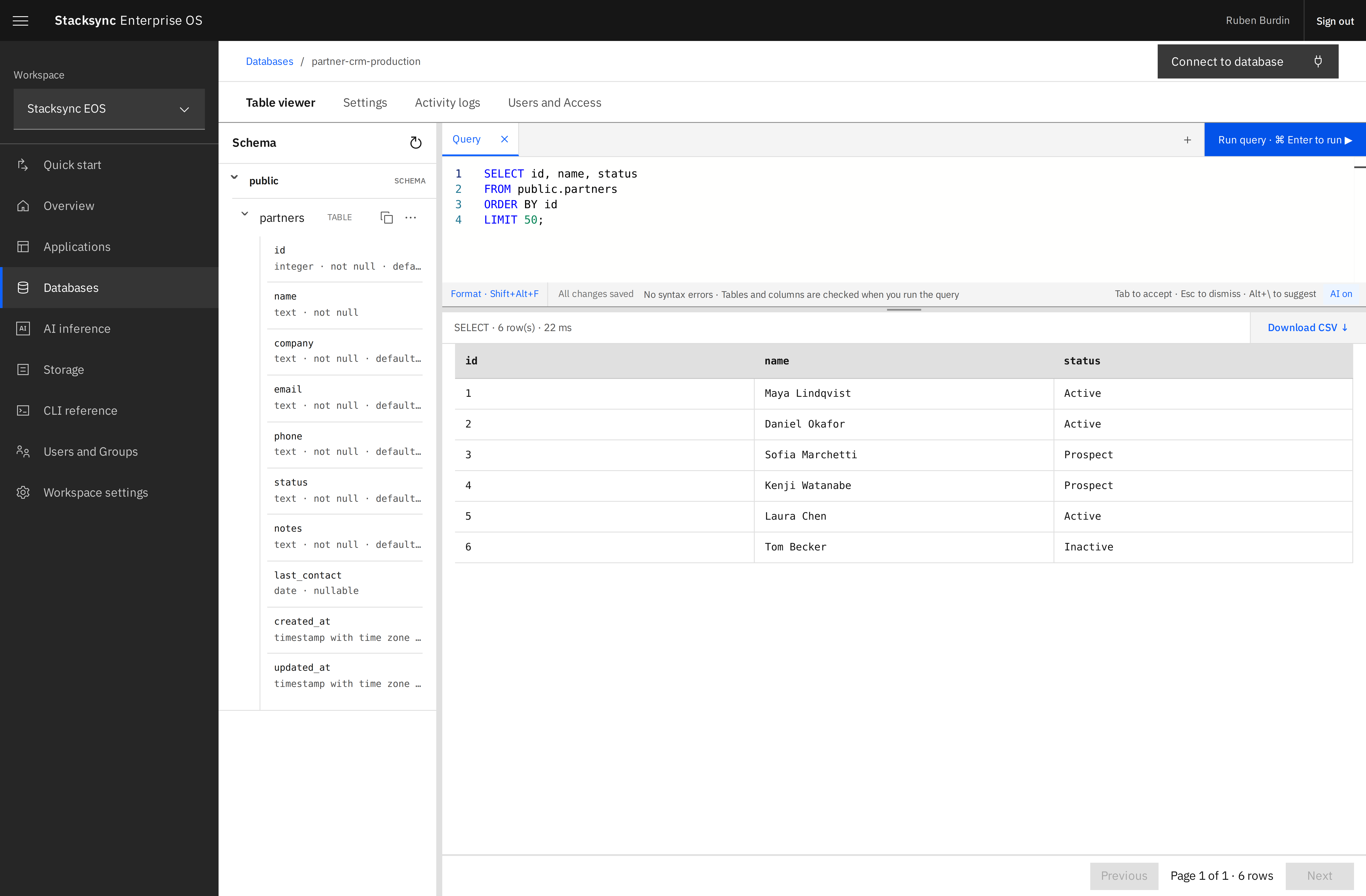 The database workspace shows the schema tree, SQL editor, and results for a sample partner query.