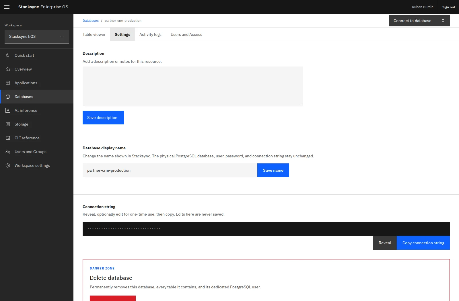 Database settings include connection-string controls. The credential remains concealed in this screenshot.