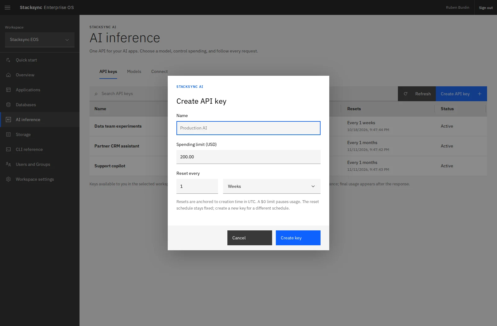 Create an inference key with a name, USD spending limit, and recurring reset schedule.