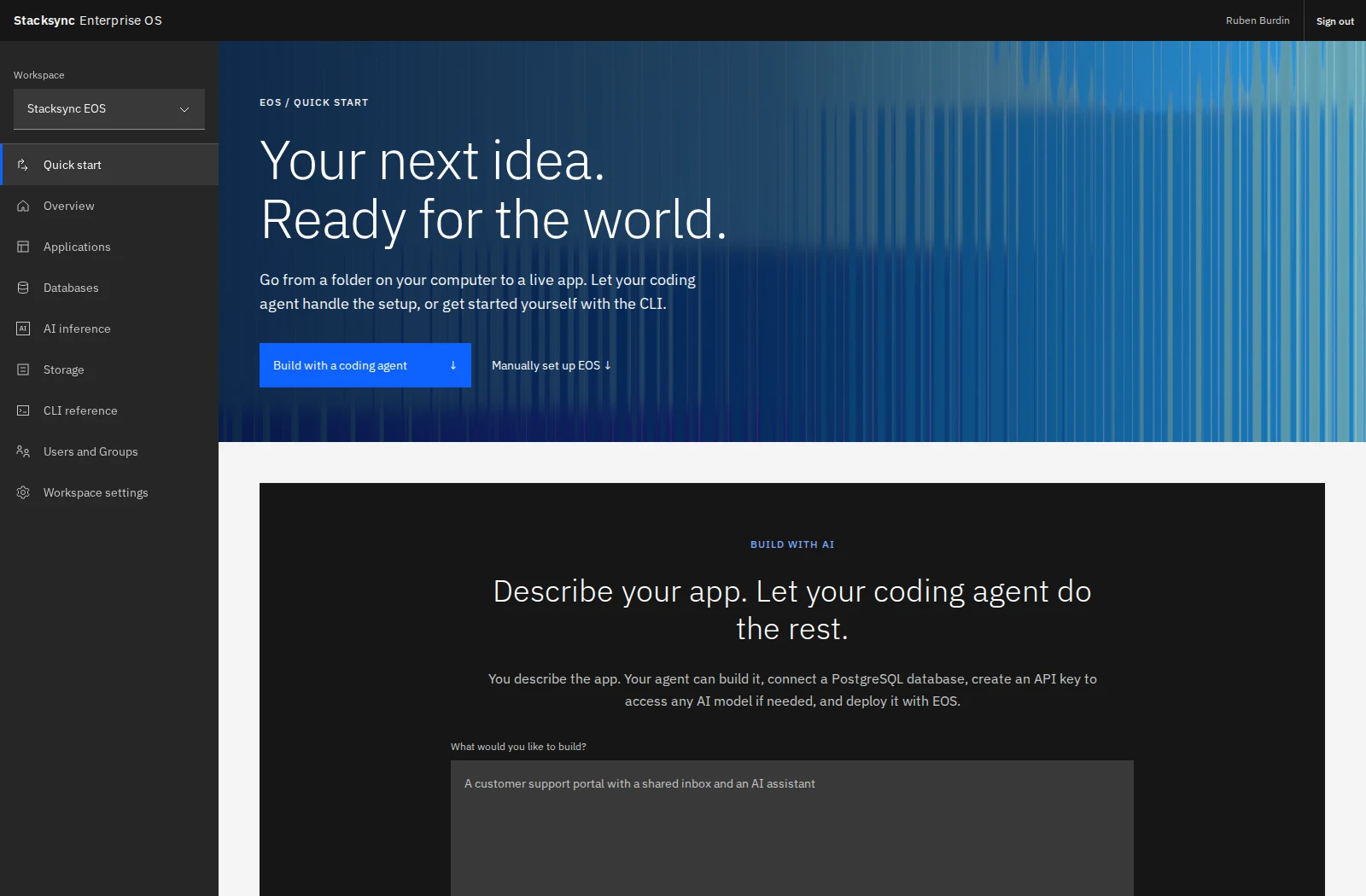 The Quick start page in the Stacksync EOS workspace: start with a coding agent or set up the CLI.