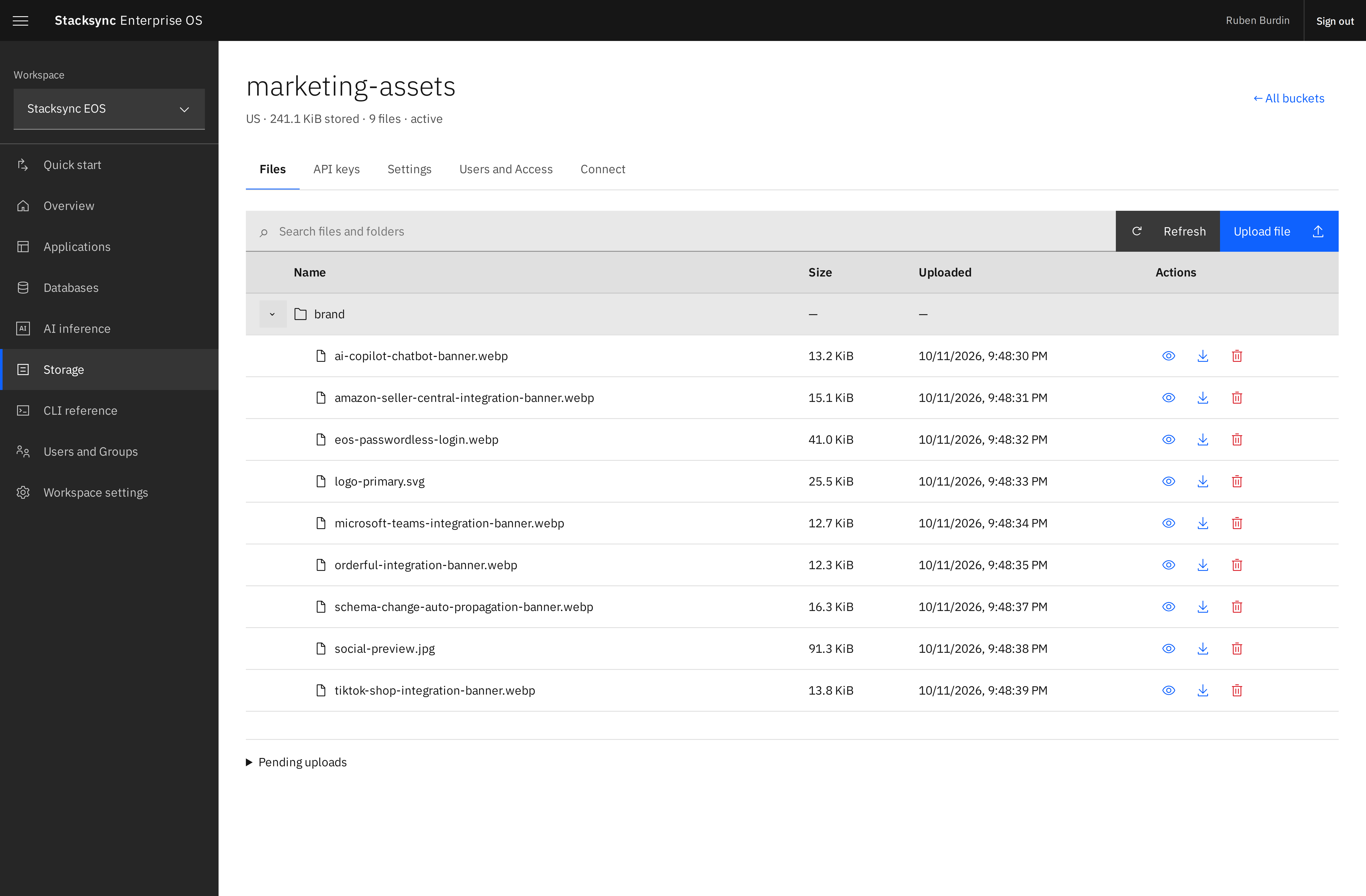 The marketing-assets bucket expanded to show files inside the brand folder.