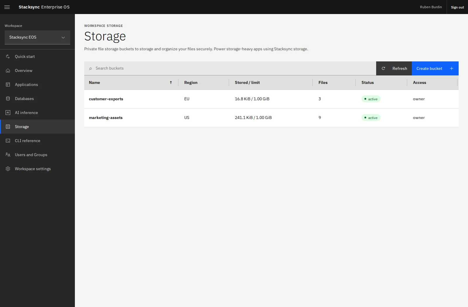 Storage buckets in the Stacksync EOS workspace, showing region, usage, file count, and access role.