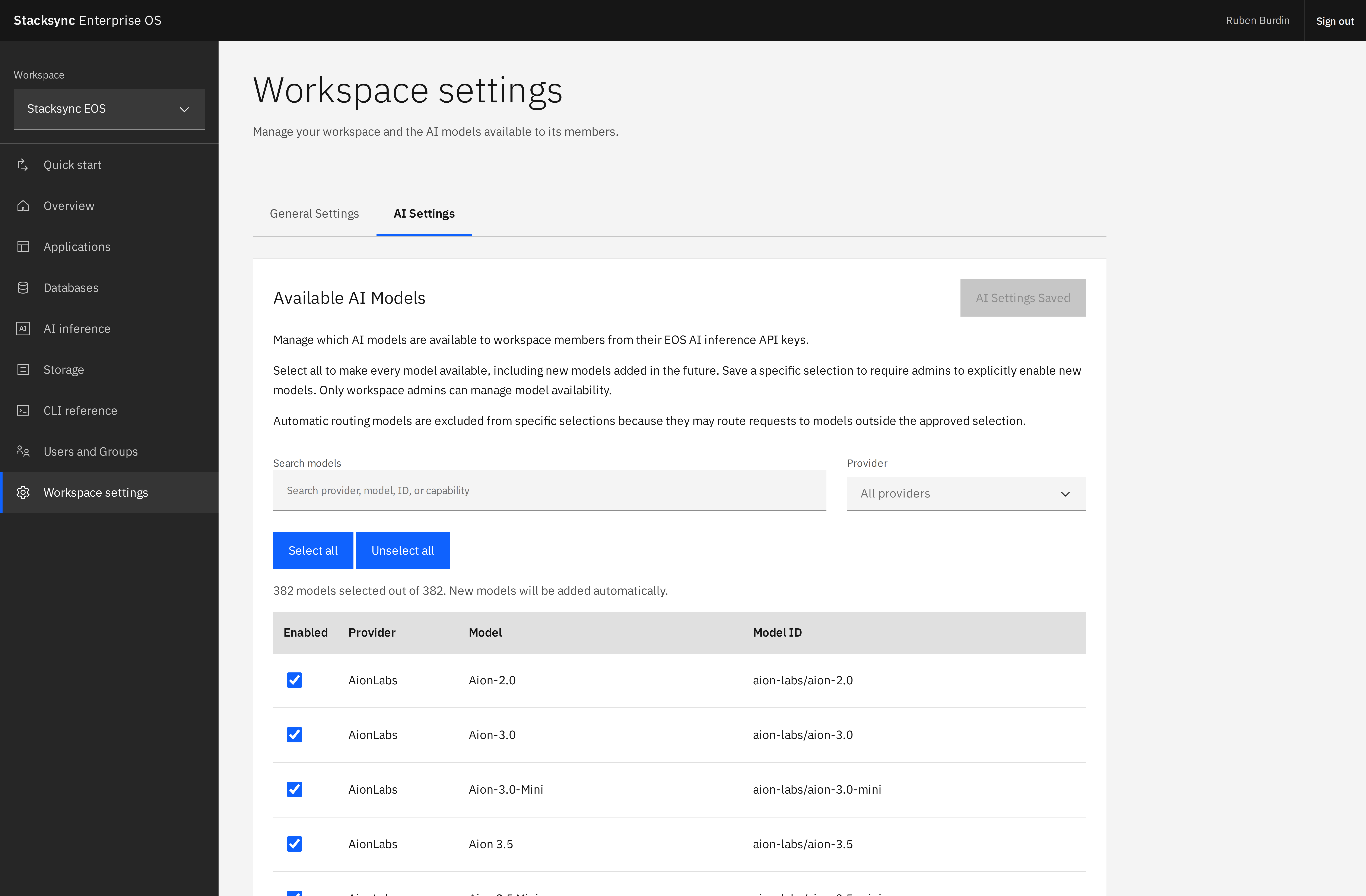 AI Settings provides provider and model search, model selection, and a workspace-wide availability policy.