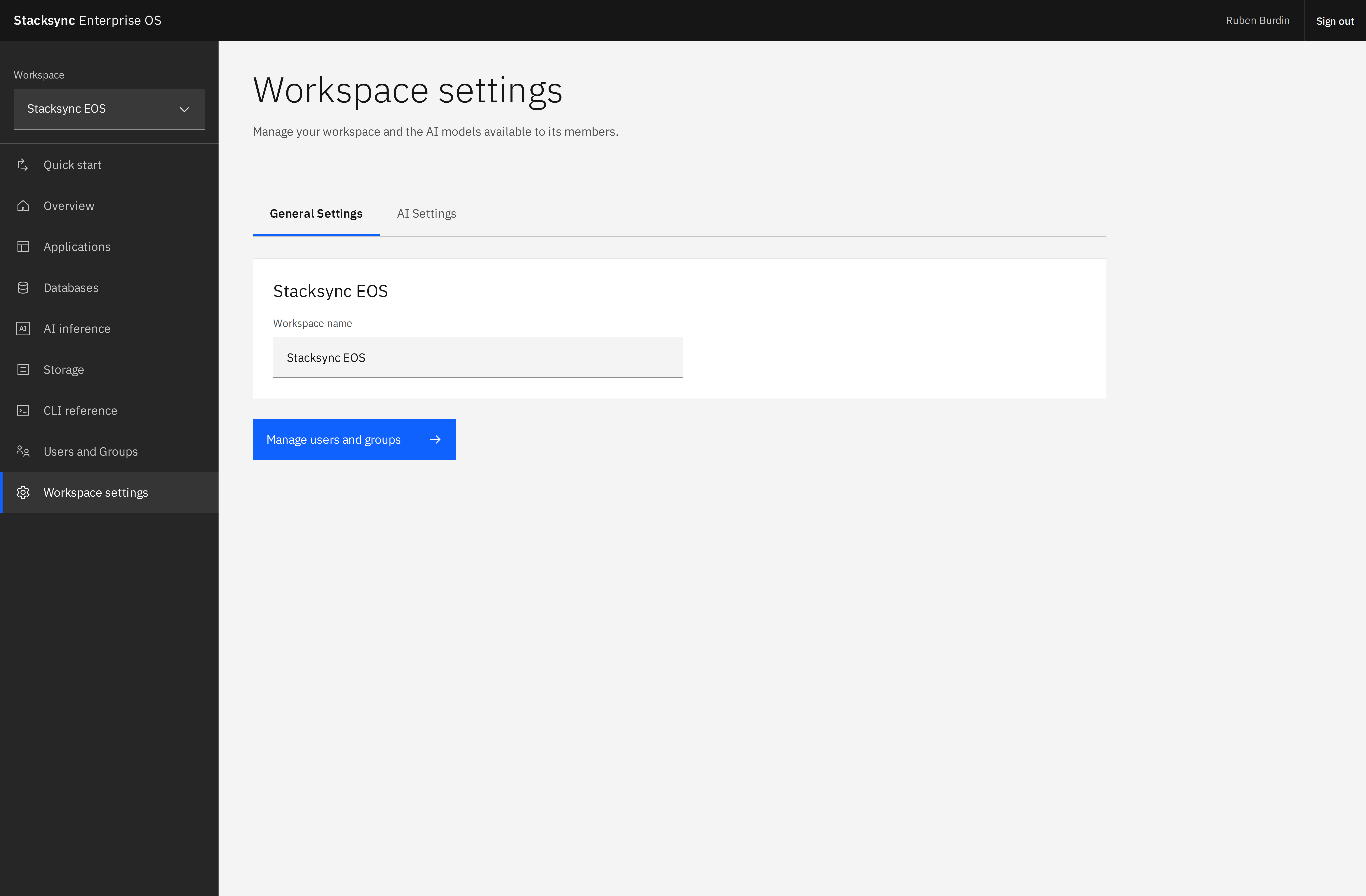 General Settings identifies the selected workspace and provides access to people and group management.