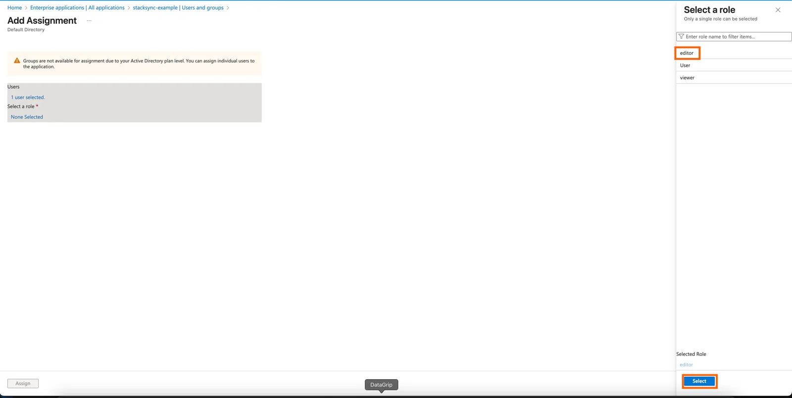 Azure Add Assignment "Select a role" panel listing editor, User and viewer, with "editor" and the Select button highlighted.