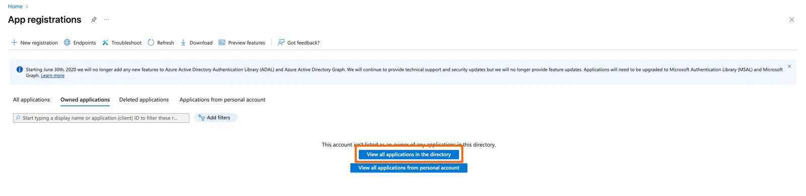 Azure App registrations page with the "View all applications in the directory" button highlighted.