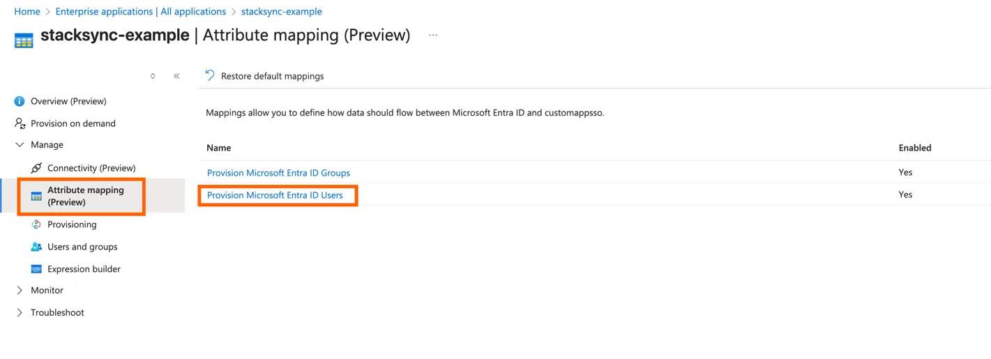 Azure Attribute mapping page for stacksync-example with "Provision Microsoft Entra ID Users" highlighted.