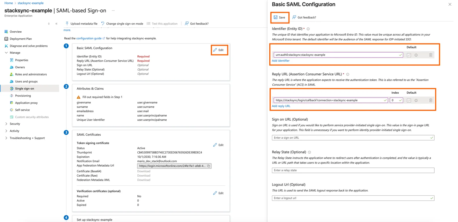 Azure Basic SAML Configuration panel with Identifier (Entity ID) and Reply URL (ACS URL) fields filled in and the Save button highlighted.