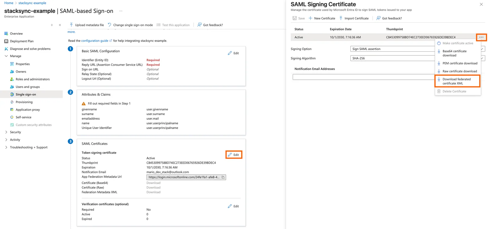 Azure SAML Signing Certificate panel with the "..." menu open and "Download federated certificate XML" highlighted.