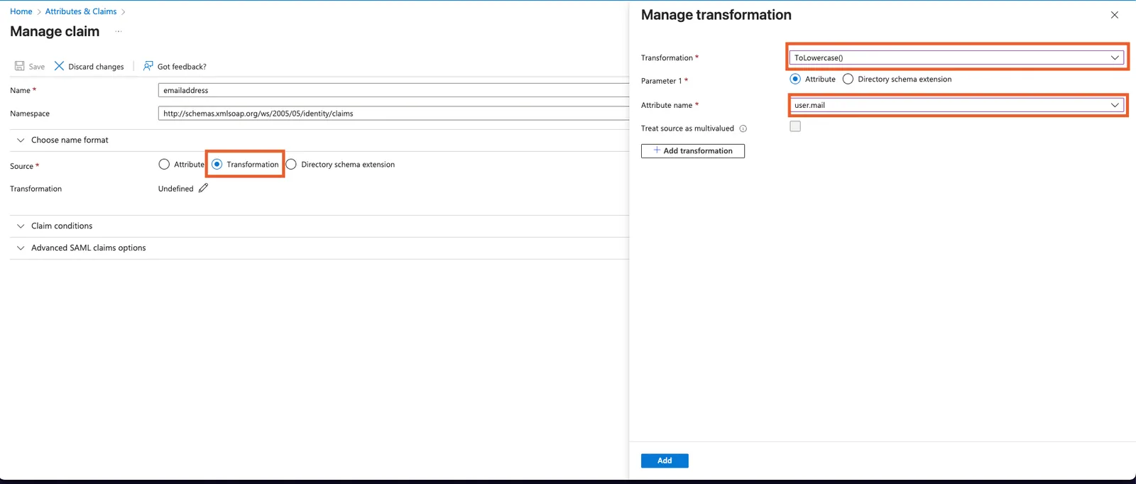 Azure Manage claim with Source "Transformation" and a Manage transformation panel set to ToLowercase() on attribute user.mail.