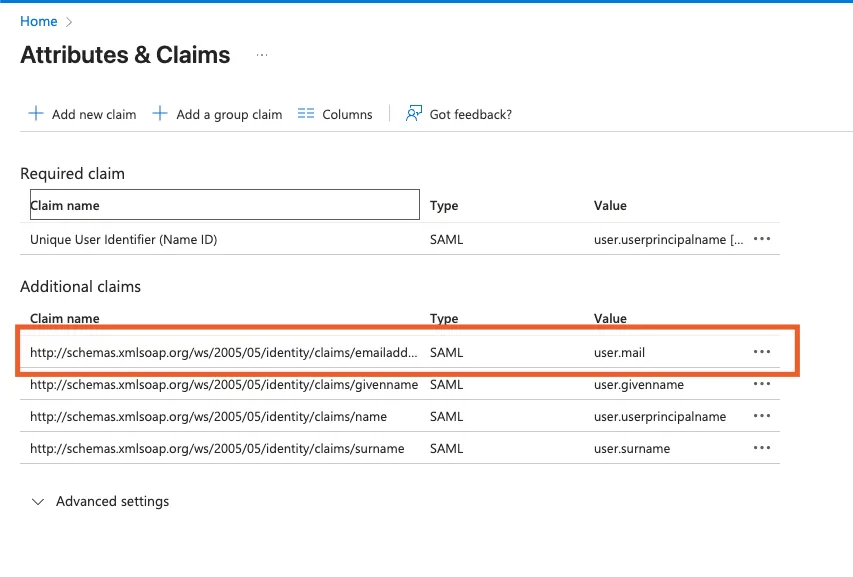 Azure Attributes & Claims list with the emailaddress claim mapped to user.mail highlighted under Additional claims.