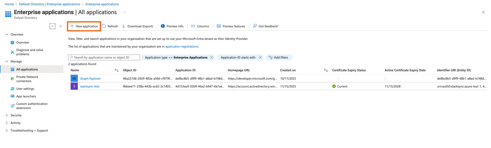Azure Entra ID Enterprise applications list with the "New application" button highlighted.