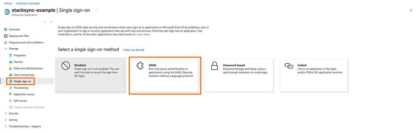 Azure stacksync-example Single sign-on page with the "SAML" sign-on method tile highlighted.