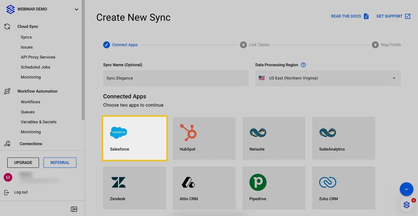 Stacksync "Create New Sync" Connect Apps step with sync name, data processing region and connected app tiles, Salesforce selected