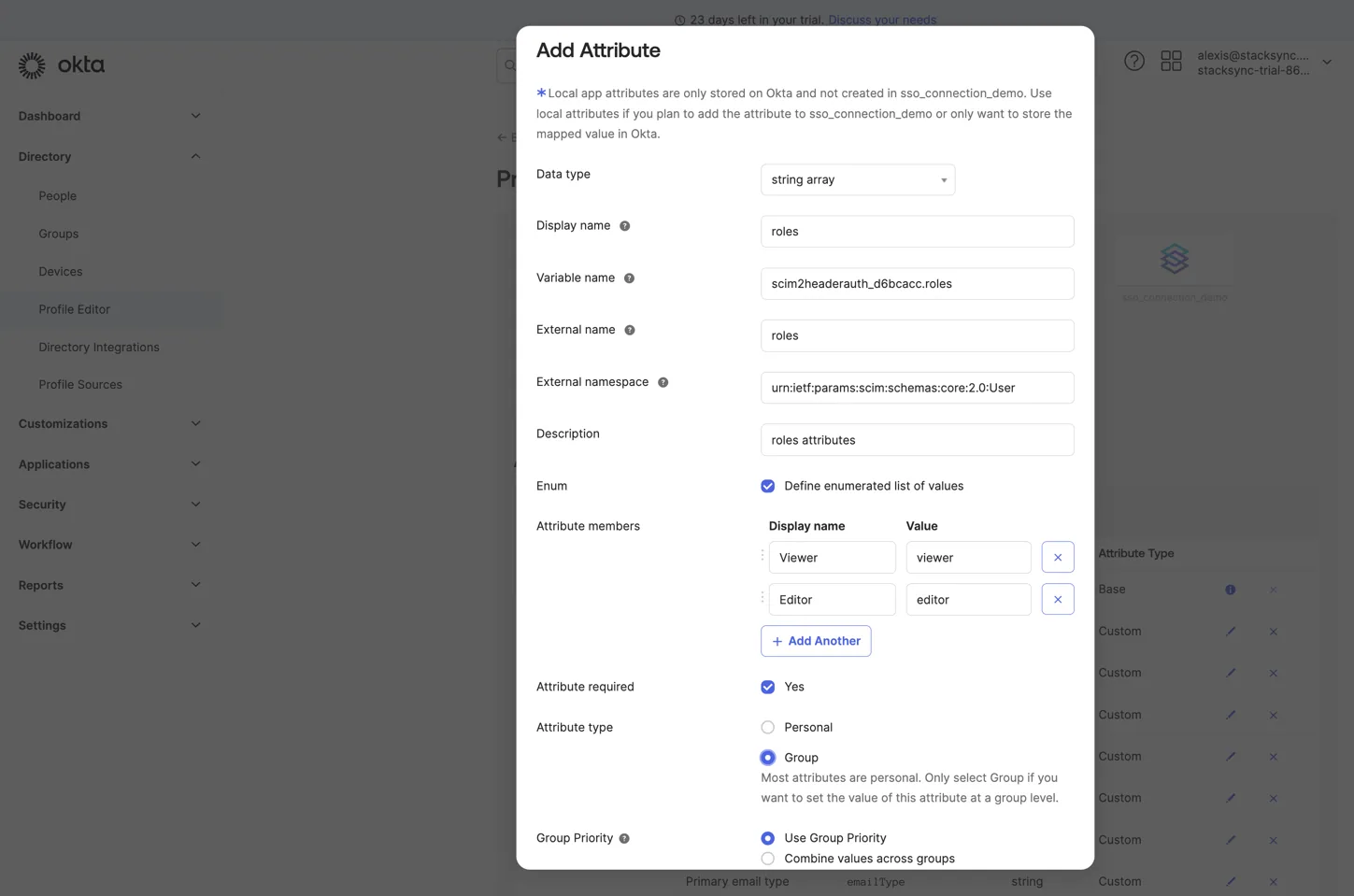 Okta Add Attribute dialog for a "roles" string array with enum members Viewer/viewer and Editor/editor, Group type, Use Group Priority.