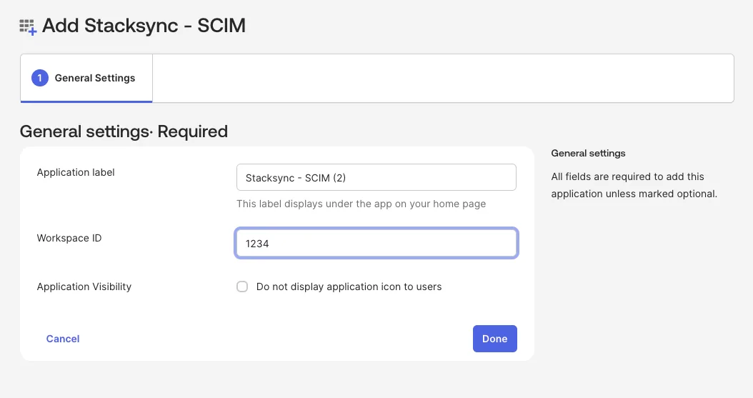Okta "Add Stacksync - SCIM" General Settings form with Application label, Workspace ID "1234" and a Done button.