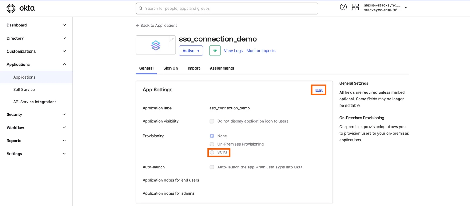 Okta sso_connection_demo General tab App Settings with Edit and the "SCIM" provisioning option highlighted.
