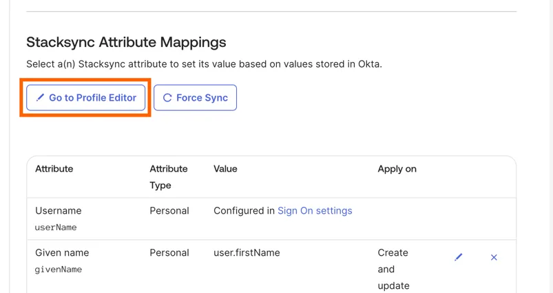 Okta Stacksync Attribute Mappings section with the "Go to Profile Editor" button highlighted.