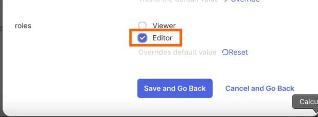Okta group assignment roles override with "Editor" checked instead of Viewer, and "Save and Go Back".