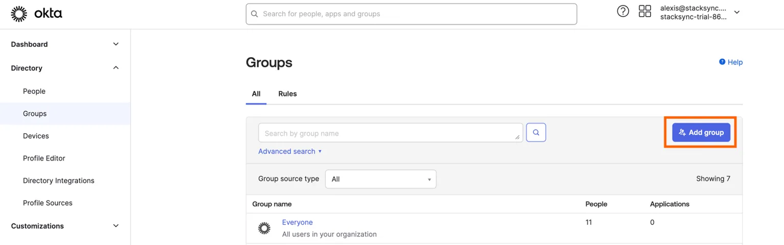 Okta Directory Groups page with the "Add group" button highlighted.