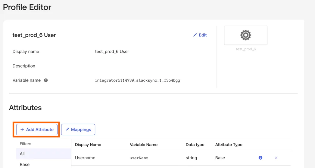 Okta Profile Editor for the Stacksync app user with the "Add Attribute" button highlighted under Attributes.