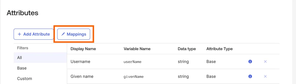 Okta Profile Editor Attributes list with the "Mappings" button highlighted.