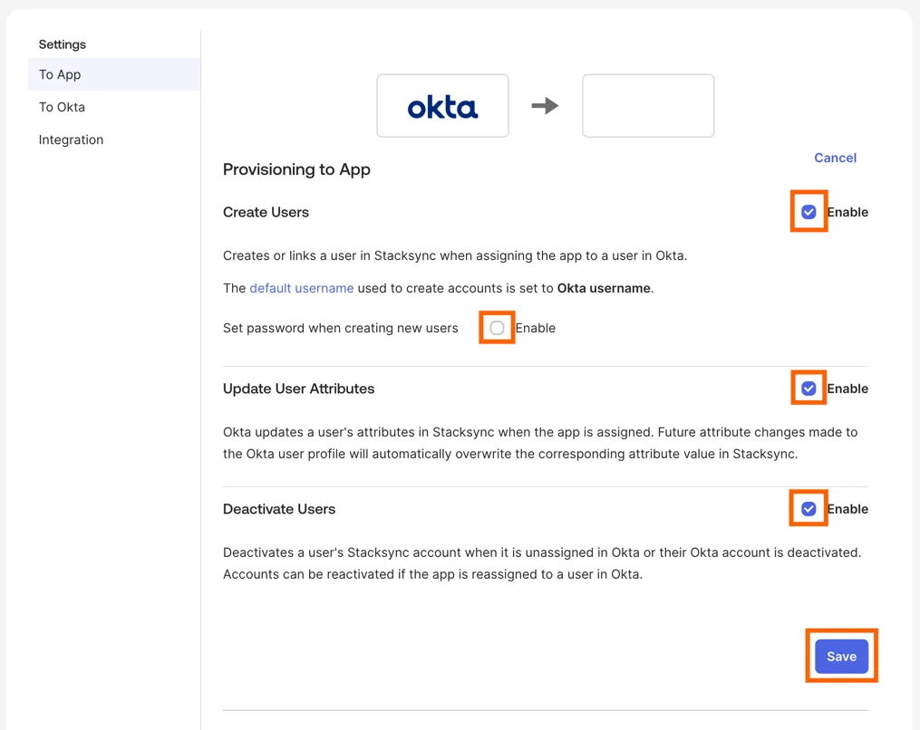 Okta Provisioning to App with Create Users, Update User Attributes and Deactivate Users enabled, set password unchecked, and Save.