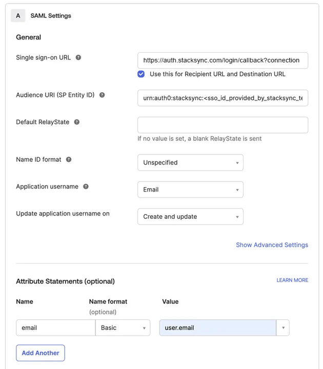 Okta SAML Settings with Stacksync Single sign-on URL, Audience URI, Application username "Email" and attribute email = user.email.