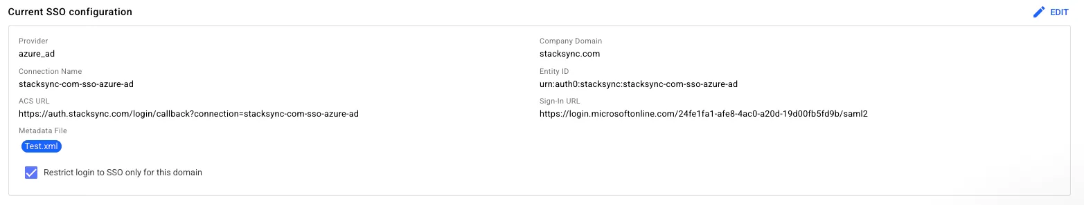 Stacksync "Current SSO configuration" showing azure_ad provider, Connection Name, Entity ID, ACS URL and Sign-In URL for Azure setup.
