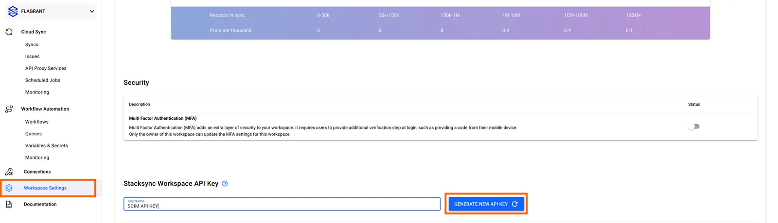 Stacksync Workspace Settings with Key Name "SCIM API KEY" and the "Generate new API key" button highlighted, for Okta SCIM.