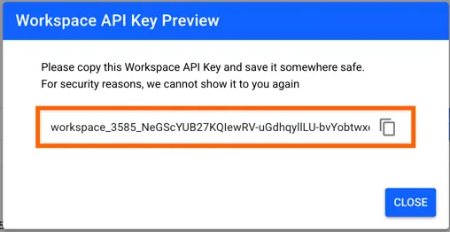 Stacksync "Workspace API Key Preview" dialog with the generated key highlighted, a copy icon and a Close button.