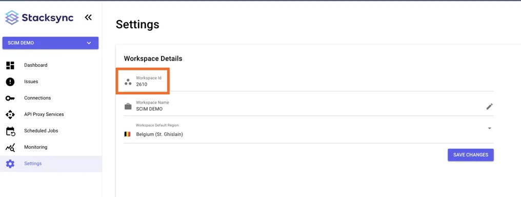 Stacksync Settings Workspace Details with the "Workspace Id" field (2610) highlighted.