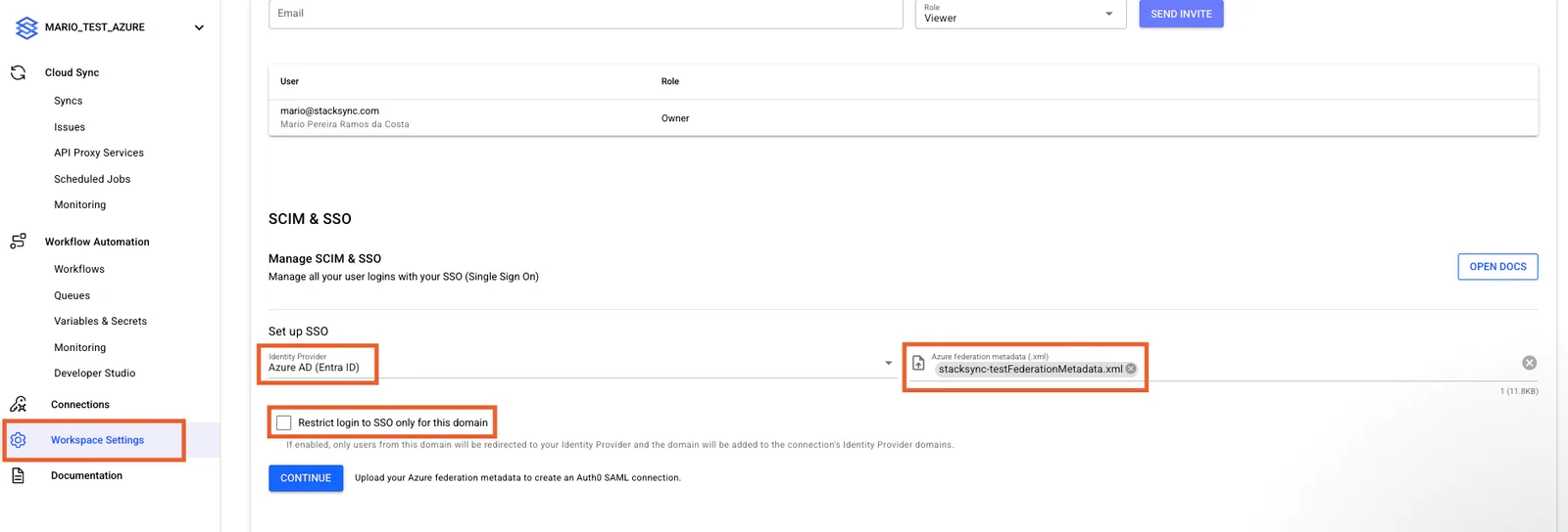 Stacksync Workspace Settings SCIM & SSO: Identity Provider "Azure AD (Entra ID)", metadata XML uploaded, restrict-domain checkbox.