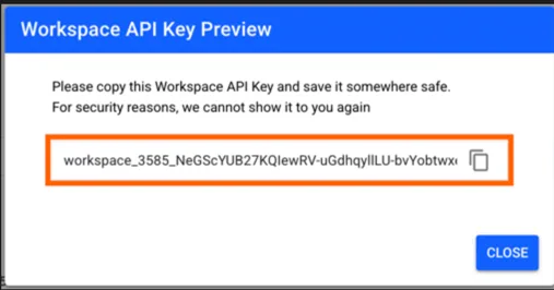 Stacksync "Workspace API Key Preview" dialog showing the generated key with a copy icon and a Close button.