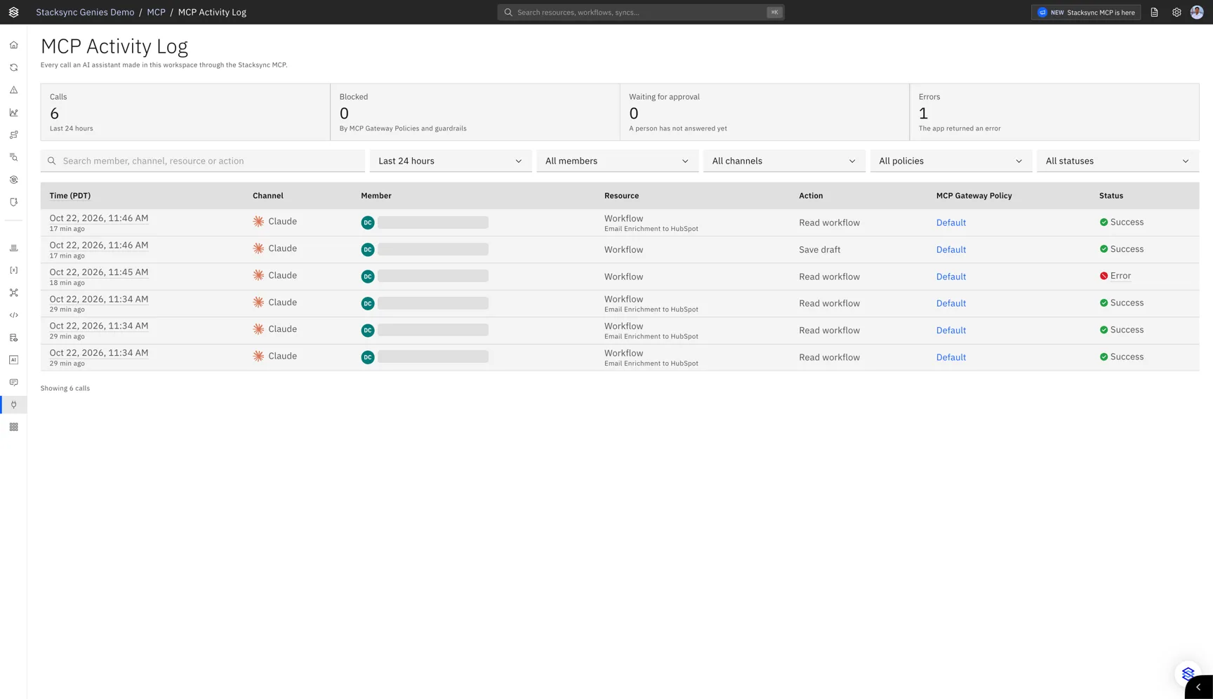 The MCP Activity Log page in the Stacksync app, with the counts of the last 24 hours, the filters and the entries of an AI assistant.