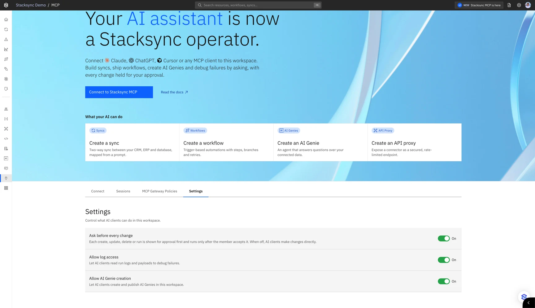 The Settings tab of the MCP page in the Stacksync app, with the Ask before every change, Allow log access and Allow AI Genie creation settings.