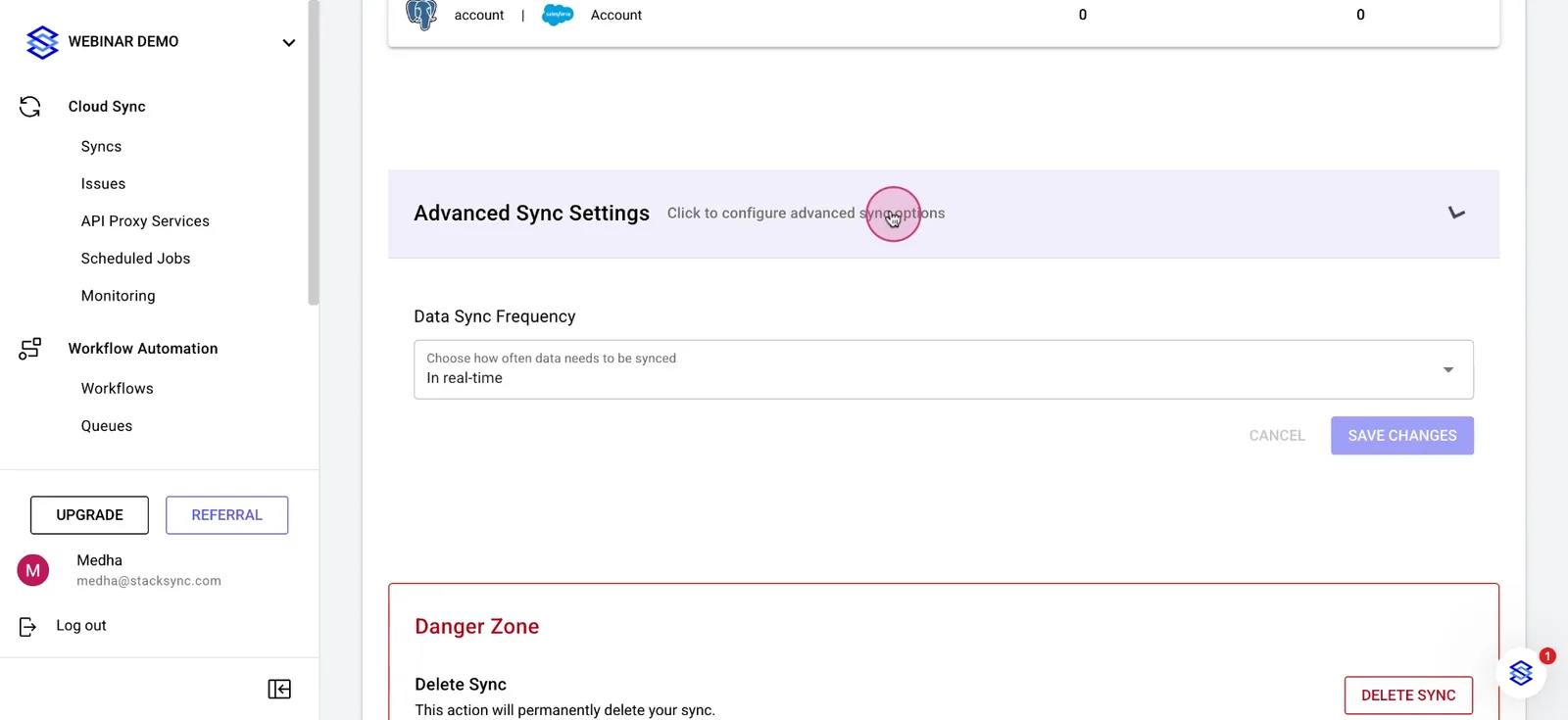 Sync detail page scrolled to "Advanced Sync Settings" showing Data Sync Frequency set to "In real-time".