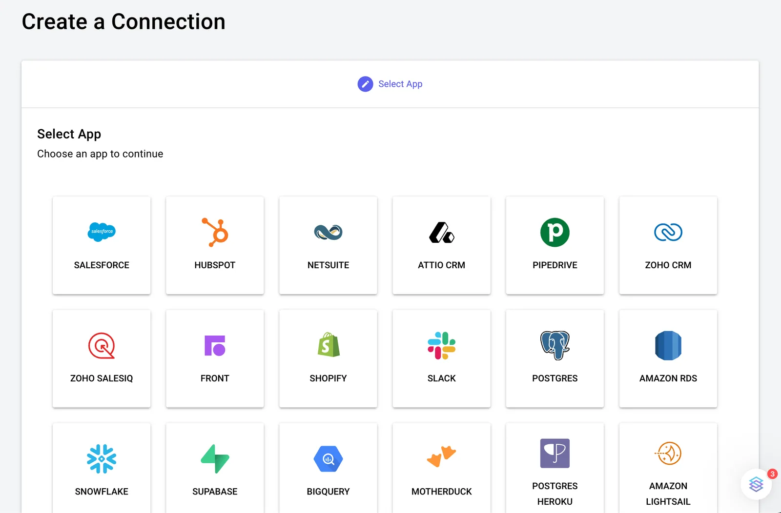 Stacksync "Create a Connection" page with the Select App grid of connectors such as Salesforce, HubSpot and NetSuite